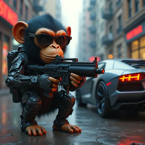 Create a monkey that a Gatling holds in his hand ... Cyberpunk still ...  the monkey has cool sunglasses on and is cybert .   In the background there is a sports car also in cyberpunk style on the license plate mbR. The car and the license plate are clearl...