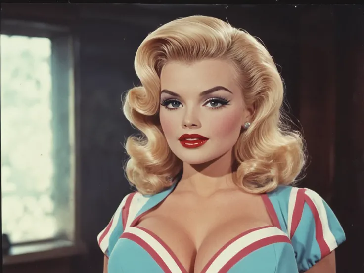 medium shot of harley quinzel,with her famous outfit,big breasts, blonde hair,1950s, old movie,V-neck line,pony tails, makeup her face