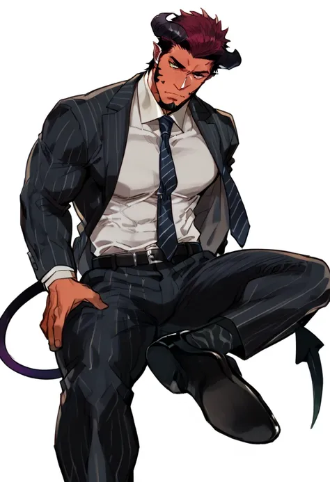 male focus, muscled male, solo, ikemen, mature, male only, tough man, bold, eyes fix, flat chest, sturdy waist, 50 years old, office worker, collared shirt, tie, three piece suit, belt, slacks, tight clothes, whole body, sitting, invisible chair,  looking ...