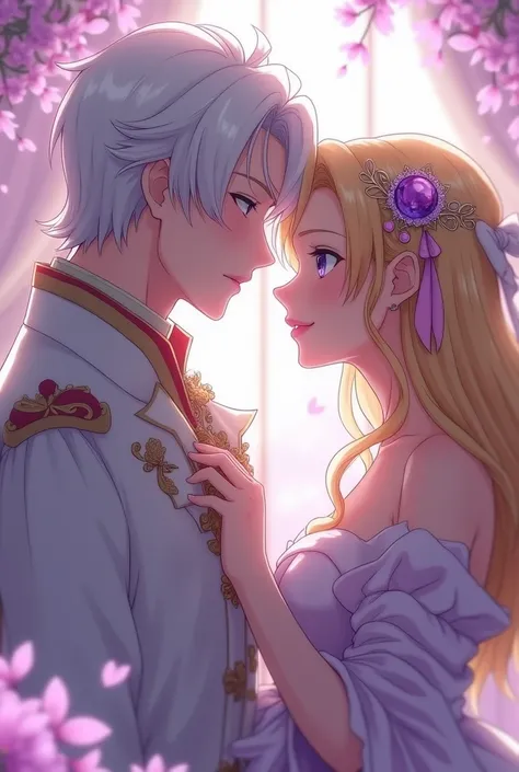 screencap anime, a girl with white long hair hime cut and violet eyes wear vintage dress with a prince who have blonde hair and blue eyes. The girl wear elegant crown and amethyst ribbon.