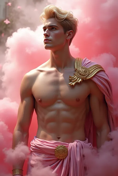 Hyper realistic, Masterpiece, detailed, 8k, a delicate and graceful image of a Handsome roman young man, shirtless, pink fabric on waist with golden ornament, golden shoulder ornament, blonde hair, surrounded by pink smoke and flowers