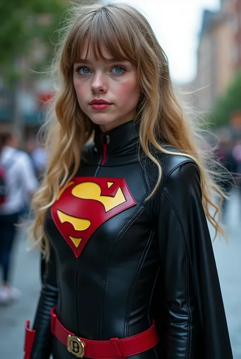  A girl wearing the spoiler costume from DC Comics .  has a height of 1 ,60 m and a thin weight . Her hair is dark blonde,  long and wavy with a fringe ,  while her eyes are bright blue and expressive.  His face is oval ,  with prominent cheekbones and a s...