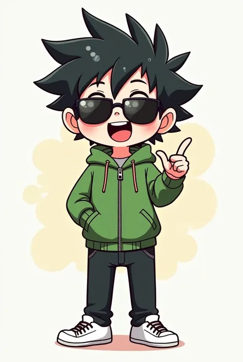 (((chibi style illustration magical laugh, multiple angles line stamps, 12 divisions, funny cute,short hair black ))) He wears a green jacket, He wears black pants, He wears white sneakers, He has short black hair, He has green eyes, He wears sunglasses ,