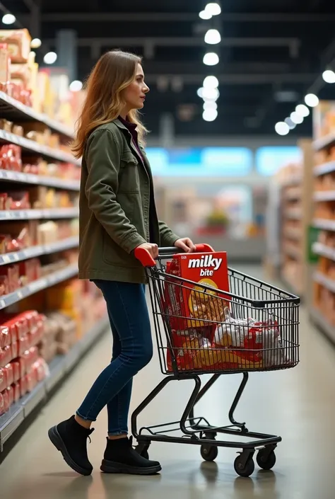 a woman pushes a shopping cart and goes to the supermarket, she wants a biscuit and goes to the biscuit shelf to buy a biscuit. There are two types of biscuits, one packet from each, one is called milky bite and the other is called fantastic. The woman cho...