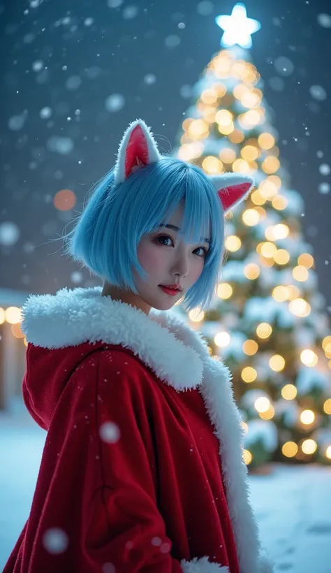 Studio Raw Photo Art ((32k UHD High Definition, 16k HDR Cinematic Art)) "A radiant 18-year-old woman in a fluffy Santa Claus outfit faces the viewer with an angelic smile. Her short blue hair adorned with two cat ears creates a fascinating contrast against...