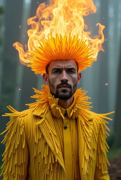 A man dressed in a yellow toothpick and his hair is a flame of fire