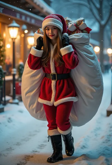 HyperRealistic, best quality, absurdres, ultra detailed, 1 girl, grin, beautiful doe eyes, Santa Claus hat, fluffy Santa Claus costume, fluffy black gloves, skirt, black boots, a white sack full of Christmas presents, shoulder the weight of white sack, chr...