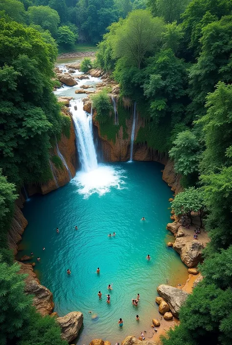 The image captures a stunning birds eye view of a vibrant and lush natural scene
   - The focal point is a beautiful waterfall cascading into a crystal-clear pool below.
   - The water appears to be fresh and clear, creating a serene and inviting atmospher...