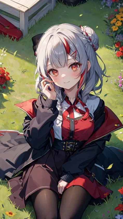 masterpiece,  Best Quality , Fermonica, Hair Bun, braid,  red bow,  black jacket,  black dress , Red pantyhose,  upper body, From above, Supine, Grass,  watching the audience , Fatigue,  Smile, garden 