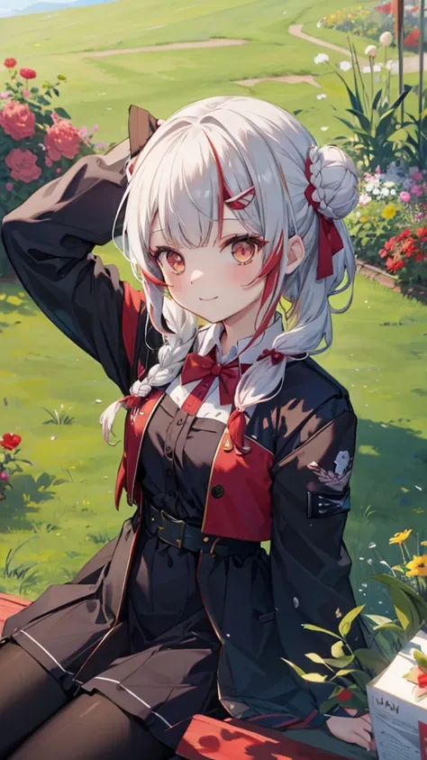 masterpiece,  Best Quality , Fermonica, Hair Bun, braid,  red bow,  black jacket,  black dress , Red pantyhose,  upper body, From above, Supine, Grass,  watching the audience , Fatigue,  Smile, garden 