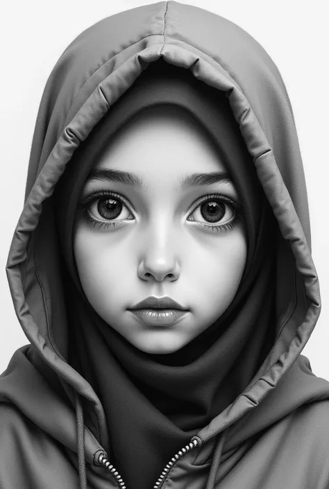 drawing on paper, pencil drawing, pen drawing, drawing of a Muslim girl wearing a black closed hijab wearing a gray hoodie, real drawing, only face visible