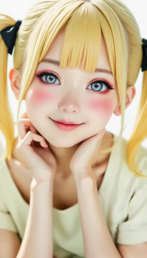 Pale colors:1.7、 pastel color :1.7、 no makeup、Real Face、top quality 、masterpiece、  very detailed、  One Girl  、  cute face、Silky Short Blonde、(((  twin tailsショートヘア、 twin tails)))、  gray eyes、 Knee、  Gothic Fashion、  very detailed目、Small red cheeks and nose、...