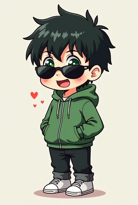 (((chibi style illustration magical laugh, multiple angles line stamps, 12 divisions, funny cute,short hair black ))) He wears a green jacket, He wears black pants, He wears white sneakers, He has short black hair, He has green eyes, He wears sunglasses ,