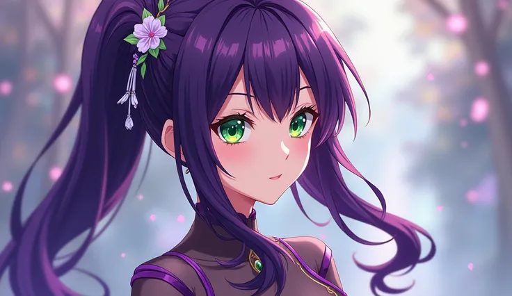 Young woman from 2D anime, with purple hair , a green eye, another blue, anime style like,  dark purple divine garment,  destiny grand order , Misato Katsuragi, With green monkey tail, a green eye y uno azul,  with wedding dress 
