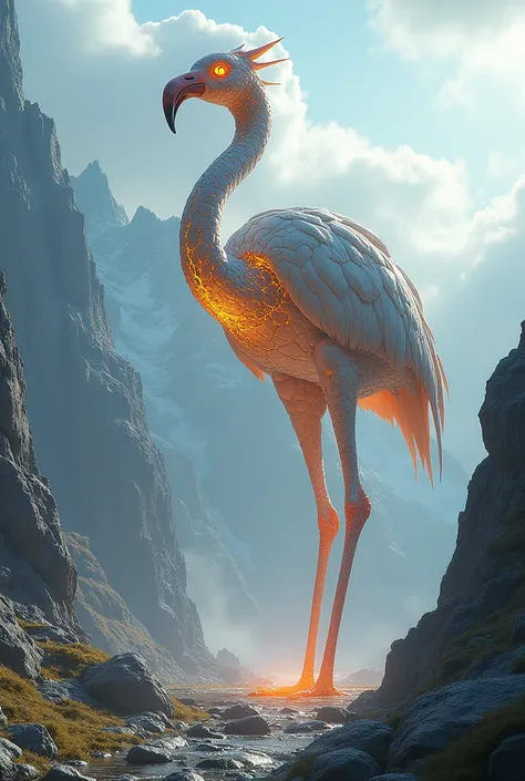  create a modern 3d fantasy image ,against the backdrop of rocky mountains , of a giant flaminggo-like monster with a stone body with cracks emitting a glowing yellow light all over its body