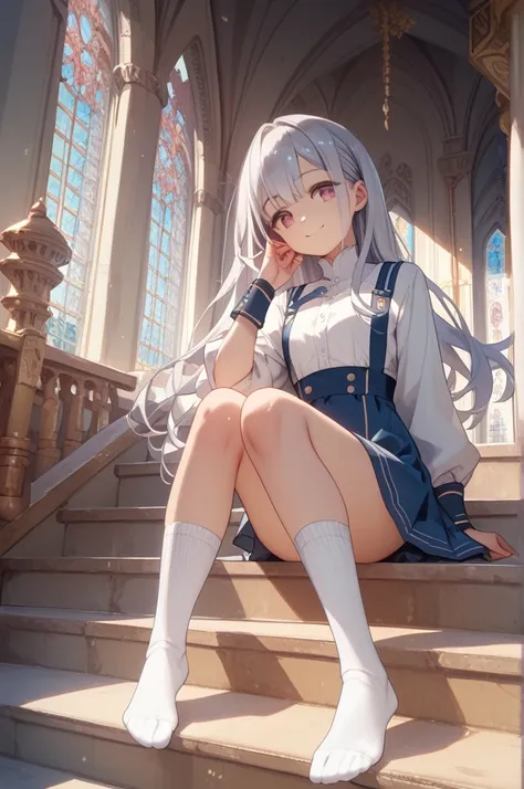  1 beautiful girl、、 long silver hair、 magenta eyes、 small tits、 calm smile 、Young lady clothes 、、 navy blue skirt、 white knee socks、 Inside a Palace-like Mansion 、In front of the stairs、 high image quality、Moe character