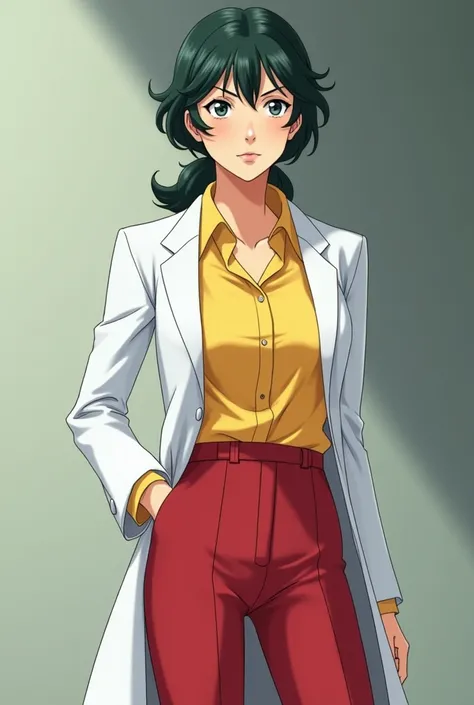 Sakurai sensei, female teacher, mature face, small eyes, dark green wavy hair, low tied pony tail, lab coat, yellow shirt, red trousers, tall