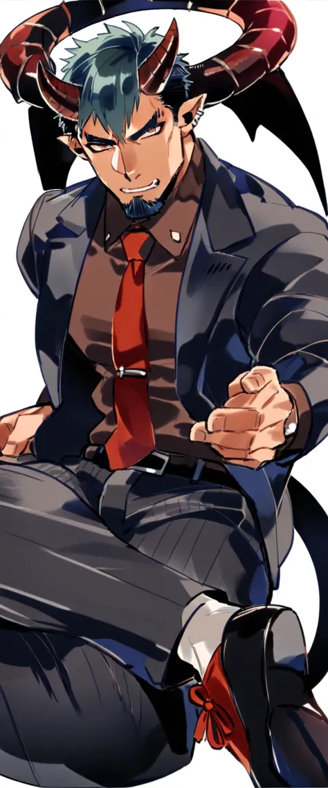 male focus, muscled beefy male, solo, ikemen, mature, male only, (tough demon man:1.6), horns and pointy tail, bold, eyes fix, flat chest, sturdy waist, 50 years old, mafia, collared shirt, tie, three piece suit, belt, slacks, tight clothes, whole body, si...