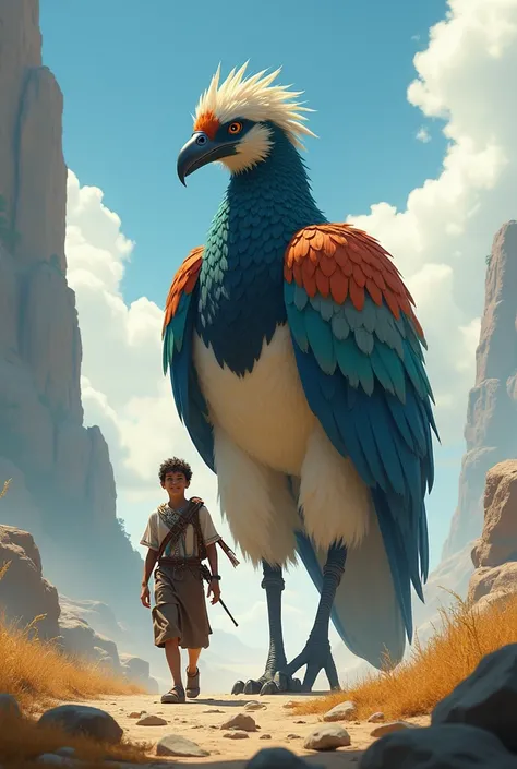 A young man walks with a giant bird