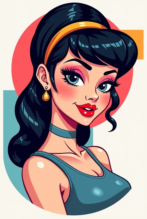 Create a logo that features a stylish woman from the 80s in a cartoon that is being made up that includes makeup