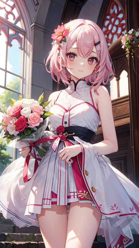 Sakura Haruno, (( unique )),  unique , bride,  wearing a white wedding dress, Queen,  happy , ((Forehead exposed)),  permanent,  Entering the church , Pink Hair, Short hair, Beautiful, Young, Short hair,  detailed facial under panties,  HD, ((whole body)),...