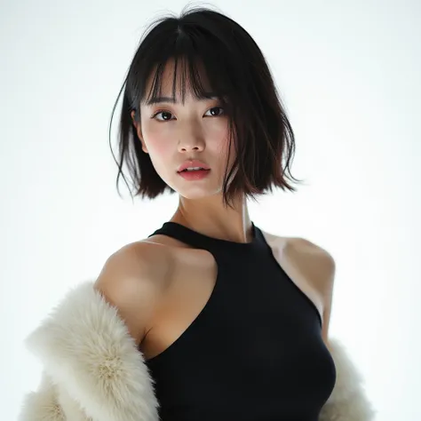 young adult Japanese woman,　Latest Fashion,　whole body、 white background 、Strong light from the left、 short hair、 straight hair、 model pose