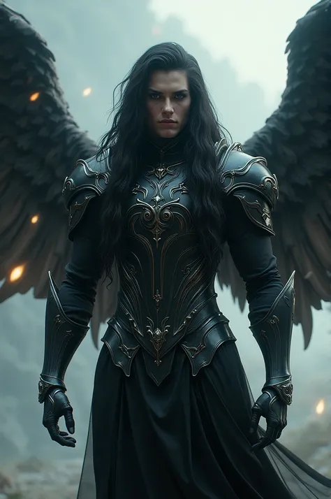  Long-haired dark angel, armor and well-defined body .