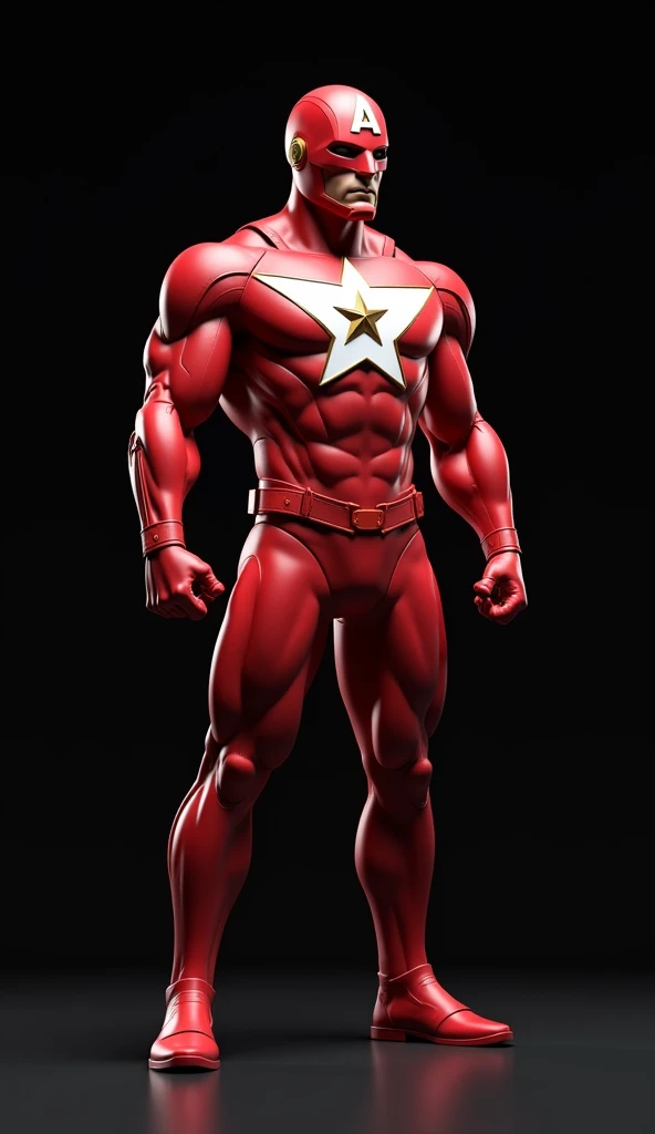 Hyper realistic, Masterpiece, detailed, 8k, a superhero wears red and white suit with gold star logo on his chest. He also wears red helmet with star shape visor. Black background.