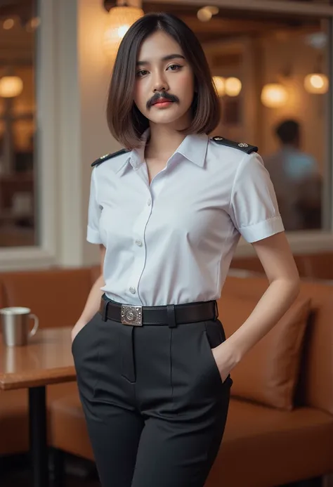 

Thai woman with a smooth bob aged :  23 years old 

suits

Short Sleeve White Collar Shirt, belt,  police officer short black moustsexy ,

 in a standing position

Cafe cozy 