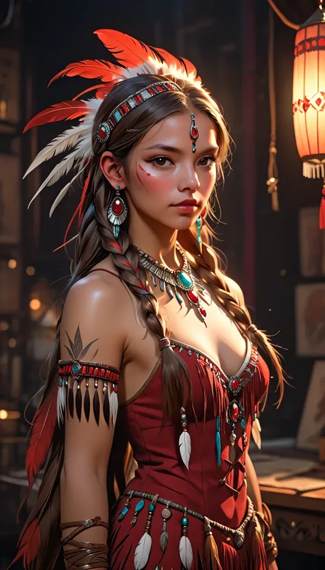  One Girl , Native American , Feather, hair ornament ,gem, necklace,Tribe,Head ornament, upper body red ,Pigments, braiding , upper body red , Wow_fast_ no _Freezing_ style for stilets,  One Girl  in full growth, 最 High Quality , masterpiece,  super detail...