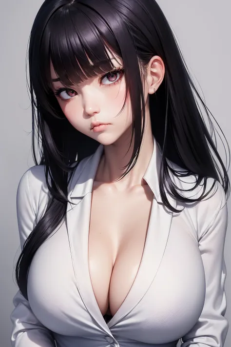 ultra detailed, ( Japanese women, Age 30), ( upper body:1.4),( business suit,  white shirt,  Black Tight Mini Skirt ,  black pantyhose ),( dark eyes, Slanted Eyes,  slit eyes , light frown:1.6),( very big breasts),( big thighs ),( black hair,  long straigh...