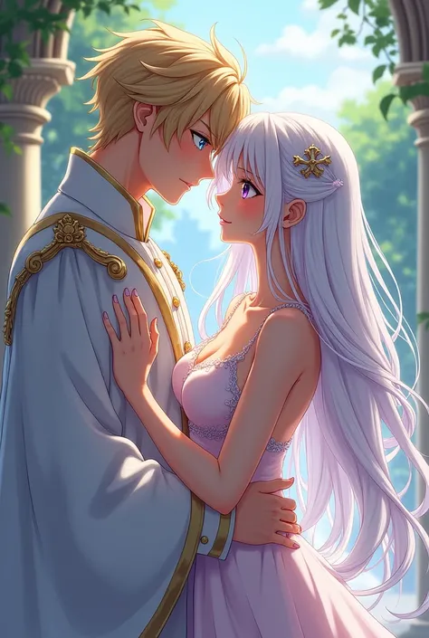 screencap anime, a girl with white long hair hime cut and violet eyes wear thin dress with a prince who have blonde hair and blue eyes. The girl have big breasts and nipples.