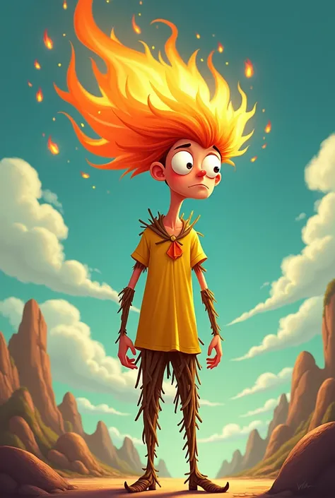 Cartoon of a man dressed in yellow sticks and his hair are flames of fire