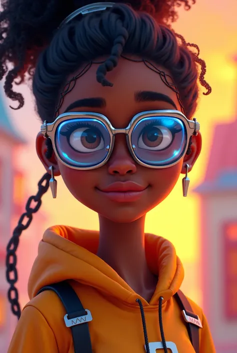 Create a Pixar-style black female character ,  with technology-related glasses 