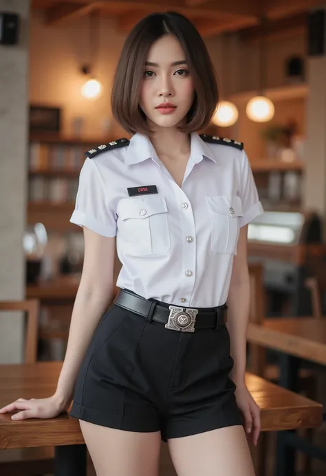 Thai woman with a smooth bob aged :  23 years old dress short-sleeved white collared shirt, belt, sexy black short police officer ,  standing pose cafe casual 