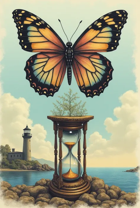 Draw a picture of a butterfly, an hourglass and a lighthouse in a single drawing, all united, unified. 