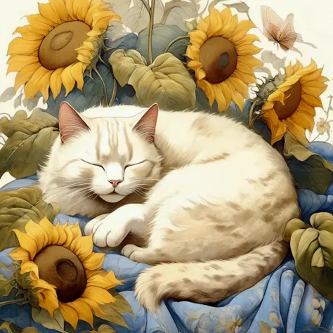 fusion of Eastern and Western paintings, art posters, cute plump cat sleeping on bed made of huge sunflower, draped with morning glory flowers, warm weather, professional and perfect composition, extremely delicate depiction, extremely clear image, ultra d...