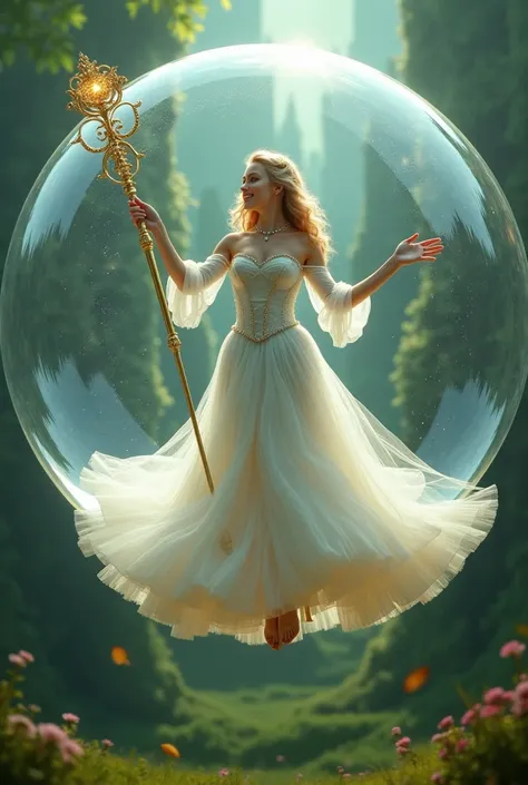 Glinda the Good Witch in Wicked if she actually had magic. (Shes flying in a real bubble and created it using her long wand, she didnt create it using a contraption)