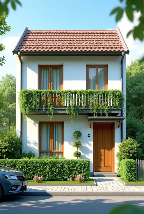  Draw 1 single 2-storey townhouse,  fence 5m ,  along the house 16m wooden door ,  white painted wall ,  green painted hyacinth railing .  Landscape with greenery , car 