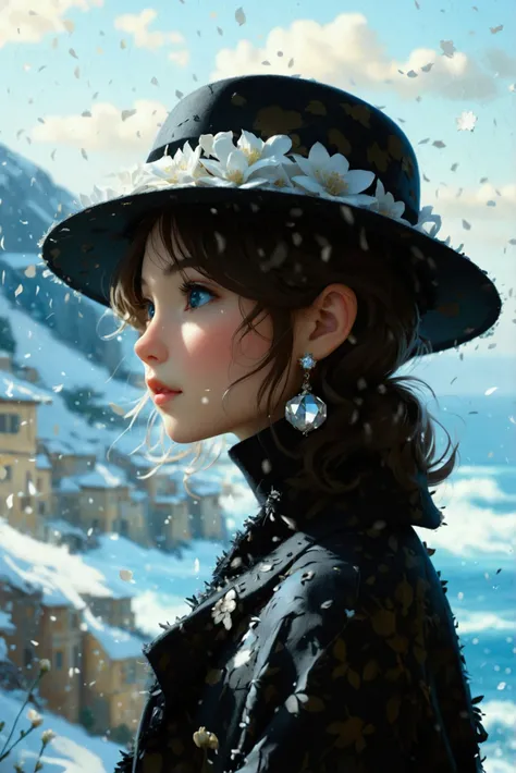  CG animated wallpaper ， mood composition ，René Gruau ，John Singer Sargent， bright detail ， A girl in the distance 。 ， Cute kitty off-axis photography  ， A girl in a black coat and hat ， Carved out old newspaper collage {x} showing the strong light of the ...