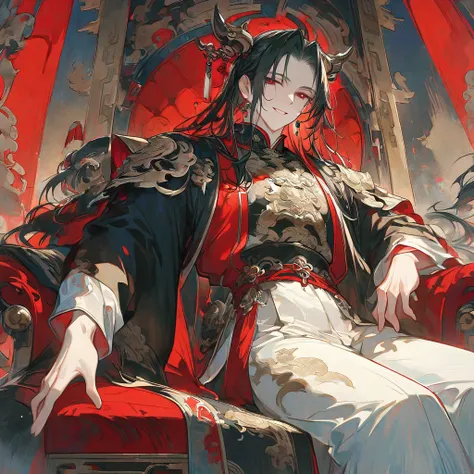 **horn** black long hair , red eyes, masterpiece,  best quality,  comfortable pose , Colorful pattern, Traditional background, Seated on the throne, Chinese Aesthetics ,  detailed fabric texture,  Illustration Style ,  serene and elegant atmosphere,  good-...