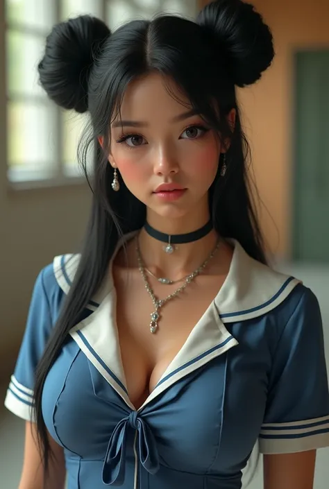 A 1girl, double_bun, hair_bun, blonde_hair, realistic, jewelry, necklace, solo, blurry, closed_mouth, blurry_background, pillarboxed beautiful Colombian girl with long black hair in two buns, wearing a school uniform, with a large bust, long legs, and Conv...