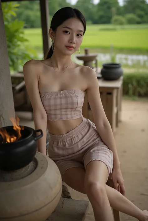 8k masterpiece portrait shot with Canon EOS camera. 38 years old Thai woman with lovely figure. She has C-cup breast, fair skin, beautiful figure, silver earrings, seductive smile. In this picture, she is beside a rustic clay stove, wearing a strapless dre...
