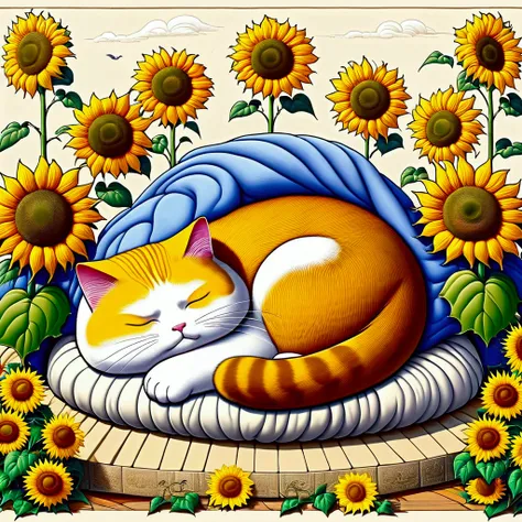 fusion of Eastern and Western paintings, art posters, cute plump cat sleeping on bed made of huge sunflower, draped with morning glory flowers, warm weather, professional and perfect composition, extremely delicate depiction, extremely clear image, ultra d...