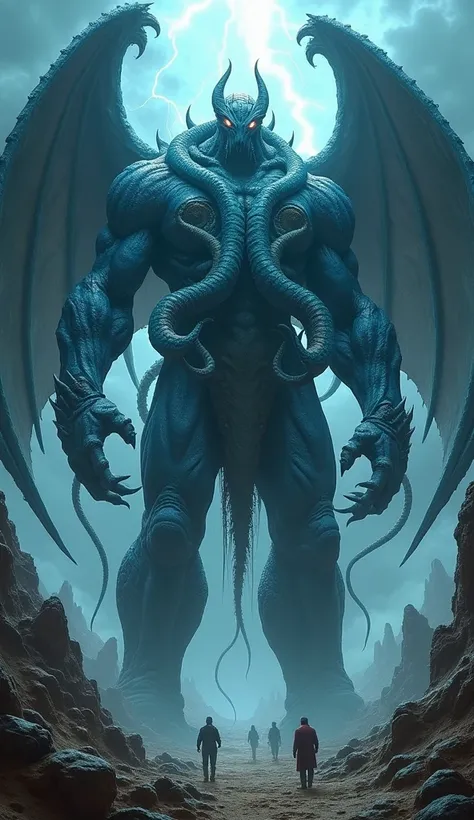 
“A terrifying fusion of Apocalypse and Cthulhu standing side by side in an eerie, otherworldly landscape. The creature combines the immense, towering form of Apocalypse, with his ancient blue armor and glowing eyes, fused with the monstrous, tentacled fea...