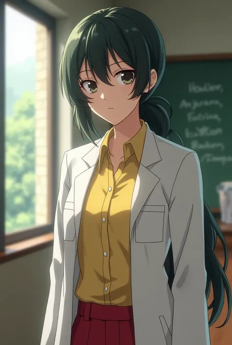 Sakurai sensei, female teacher, mature face, small eyes, dark green wavy hair, side bang, low tied pony tail, lab coat, yellow shirt, red trousers, tall, serious face