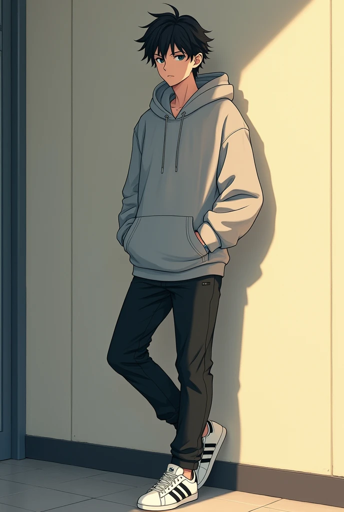 Create an picture of a handsome tall 65 anime boy Wearing a hoodie And a Adidas sneakers, leaning against a wall I highschool