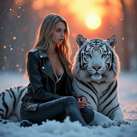 A woman is wearing a black leather jacket sitting with a white tiger, snow falling on a sunset