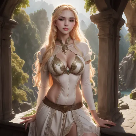 A young half-elf woman with a curvy, voluptuous hourglass figure and chubby features. She has long, soft, wavy golden blonde hair that cascades down her back, and big, brilliant green eyes framed by medium eyelashes. Her skin is white and soft, with a plum...