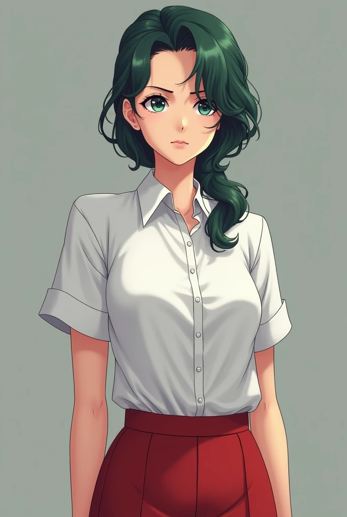 Sakurai sensei, female teacher, mature face, small eyes, dark green wavy hair, side pony, low tied pony tail, white blouse, red trousers, serious face